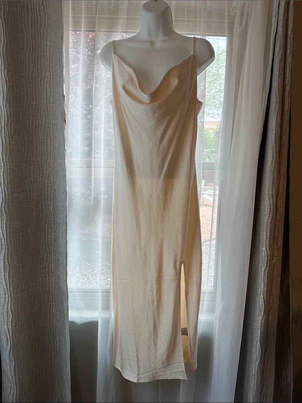 Justify Cream Cowl-Neck Midi Slip Dress with Side Slit